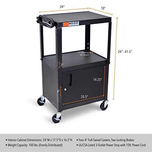 Stand Steady Line Leader AV Cart with Locking Cabinet - Black Metal Utility Cart with Storage Shelf