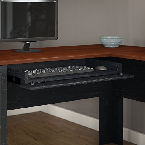 Bush Furniture Fairview 60W L Shaped Desk with Hutch, Storage Cabinets and 5 Shelf Bookcase in Antique Black and Hansen Cherry