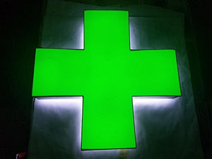 Green Medical Cross, Hybrid LED Lit with Halo Lighting, Outdoor/Indoor - Weather Resistant, Storefront Sign. Installation Template and Power Supply Included. (24 Inches)