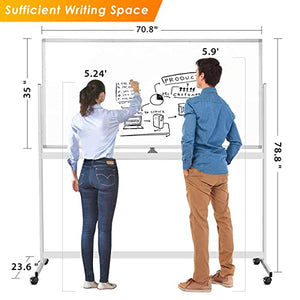 Double Sided Rolling Whiteboard, Mobile Whiteboard Magnetic White Board - 72 x 36 inches Large Reversible Dry Erase Board Easel Standing Board on Wheels with Silver Aluminum Frame and Stand