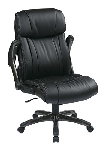 Office Star High Back Bonded Leather Executives Chair with Padded Flip Arms and Titanium Coated Accents, Black