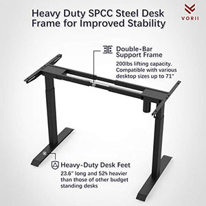VORII Electric Standing Desk with Cable Management Accessories, Heavy-Duty SPCC Steel Frame, 48"x24" Height Adjustable, Sit Stand Desk with Splice Board Black Top