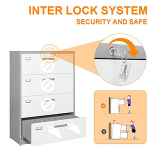 ZAOUS Lateral Filing Cabinet with Lock, 4 Drawer Metal File Cabinet for Home Office - Grey White