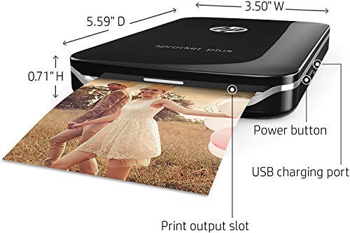 HP Sprocket Plus Instant Photo Printer (Black) Prints on 2.3x3.4” Zink Sticky Back Pictures Straight from Smartphone & Social Media.