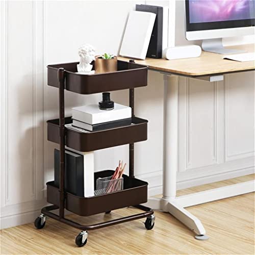 AuLYn 3-Tier Metal Rolling Utility Cart with Adjustable Shelves and Brakes (Brown, 43 x 35 x 73.5cm)