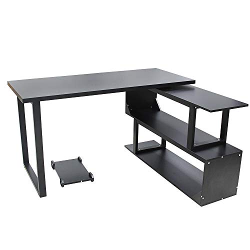 L-Shaped Computer Desk, 55 Inch 360° Rotating Corner Desk with 2 Storage Shelves, Specialties Sturdy Left or Right Facing Combo Table for Home Office, Write Desk Double Workstation (White)