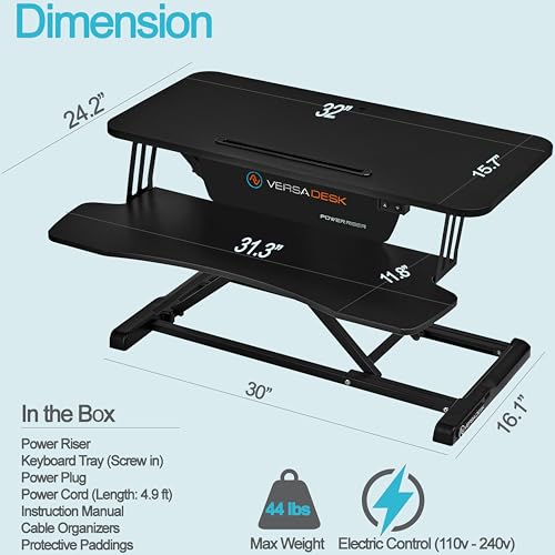 VERSADESK PowerRiser 32 Inch Electric Standing Desk Converter for Dual Monitor, Laptop Workstation - Black
