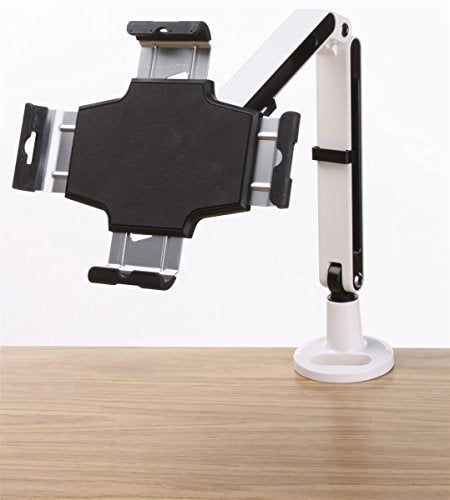 Displays2go, Tablet Desk Holder, Aluminum Construction, Locking Design – White, Black Finish (IPROFLXTDA)