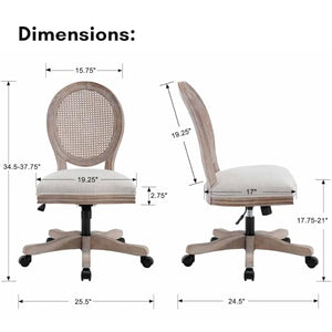 LukeAlon Rattan Back Linen Office Chair with Adjustable Height and Swivel Function