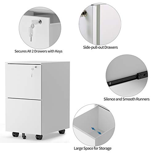ModernLuxe 2 Drawer Locking File Cabinet with Wheels, Steel, White