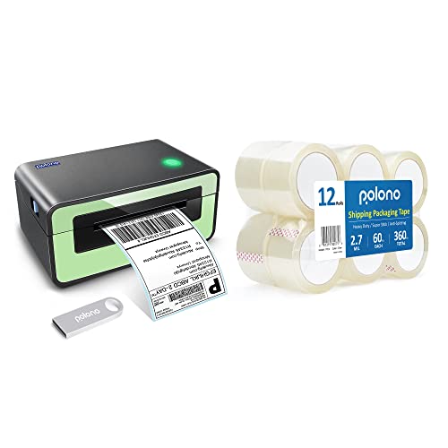 POLONO Label Printer - 150mm/s 4x6 Gerrn Thermal Label Printer, POLONO Packing Tape, 2.7 mil, 1.88" x 60 Yards, Total 720Y, 3" Core, 12 Rolls, Compatible with Amazon, Ebay, Etsy, Shopify and FedEx