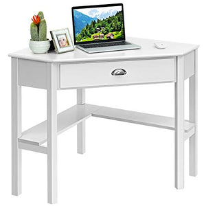 Tangkula White Corner Desk, Corner Computer Desk with Drawer for Small Space, Small Corner Makeup Vanity Desk, 90 Degrees Triangle Corner Desk with Storage Shelves
