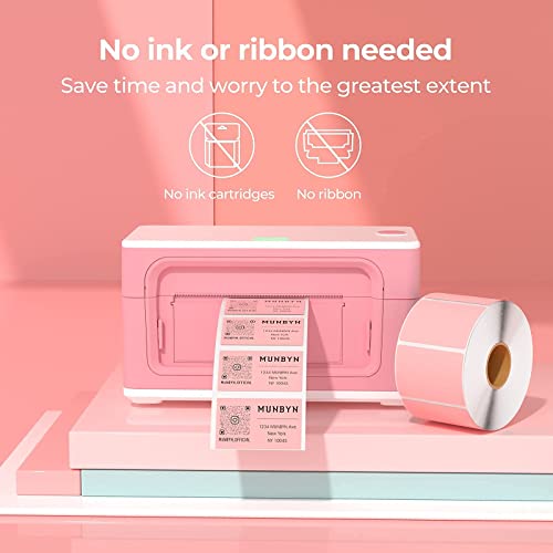 MUNBYN 4x6 Thermal Label Printer with 2.25"x1.25" Direct Thermal Labels and Shipping Scale, Accurate 66lb/0.1oz Postal Scale with Sweet Pink Style and Hold/Tear/PCS Function for Shipping Packages
