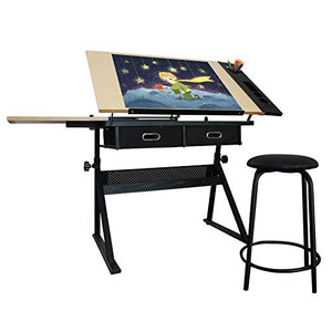 KIILING Height Adjustable Drawing Table with Storage Drawers and Stool Yellow