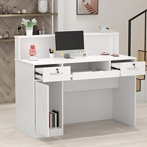 ECACAD Reception Desk with Light, Display Shelf, Lockable Drawers, Keyboard Tray, White (47.2”W x 19.7”D x 39.2”H)