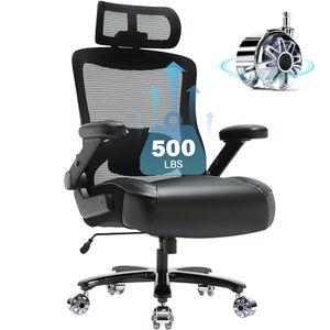 Coolka Big and Tall Office Chair 500lbs - Ergonomic Mesh Desk Chair with Adjustable Lumbar Support, Headrest, 3D Flip Up Arms, Metal Base - High Back Executive Computer Chair, Extra Wide Seat, Black