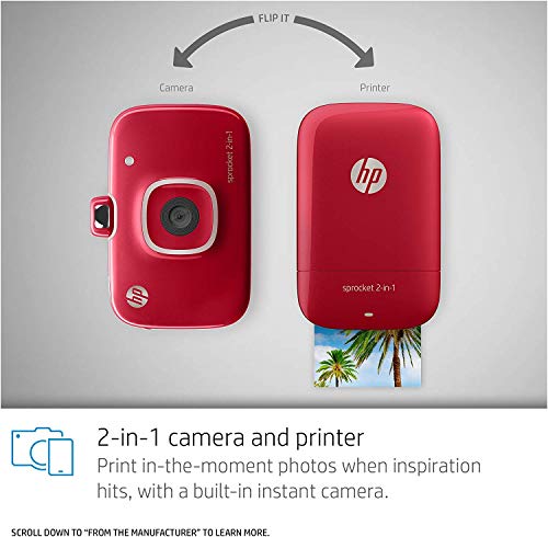HP Sprocket 2-in-1 Portable Photo Printer & Instant Camera, print social media photos on 2x3" sticky-backed paper - Red (2FB98A)