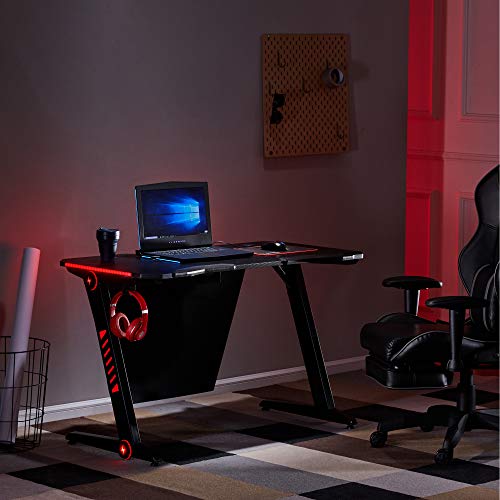 Depointer Gaming Desk LED Lights Z-Shaped Ergonomic Computer Desk Comfortable for PC Gamers Home/Office Durable Racing Table Workstation with Oversized Gaming Platform Surface, Headphone Hook