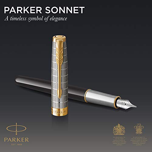 PARKER Sonnet Fountain Pen | Premium Metal and Black Gloss Finish with Gold Trim | Fine 18k Gold Nib with Black Ink Cartridge | Gift Box