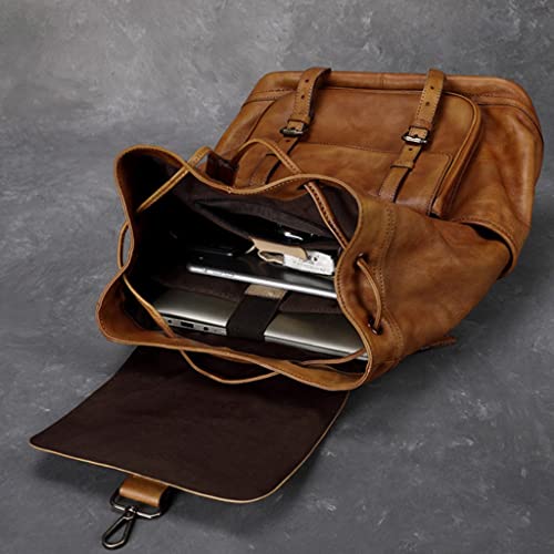ADIE Retro Men's Large Capacity Backpack，Men Portable Genuine Leather Laptop Bag，First Layer Cowhide Travel、Business、Student Daypack (Color : Brown, Size : 14inchs)