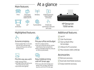 Hewlett Packard DesignJet T250 Large Format Compact Wireless Plotter Printer - 24", with Mobile Printing (5HB06A) + Surge Protector + Cable Ties + Ethernet Cable + Cleaning Kit