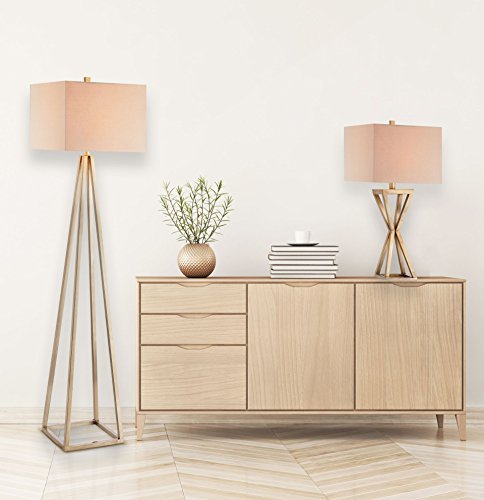 Catalina 19745-001 Contemporary Open Caged Metal Floor Lamp with Natural Linen Rectangular Shade, Bulb Included, Gold