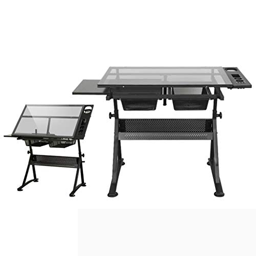 Lgan Drafting Table with Storage, Height Adjustable Tiltable Art Desk, Glass Panel Drawing Desk, for Work Study Painting Craft Table