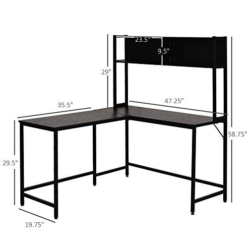 HOMCOM Home Office L-Shaped Computer Desk with Hutch and Storage Shelves, PC Table Study Writing Workstation with 2 Storage Compartments, Bookshelf, Black