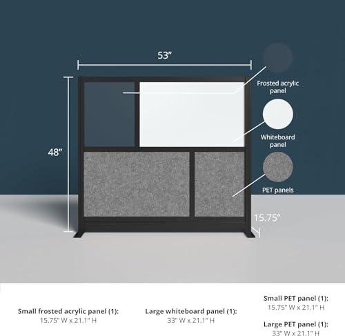 S Stand Up Desk Store Workflow Modular Wall | 53in x 48in | Room Divider with Whiteboard, Acrylic Panels, Sound Absorbent Panels (Black Frame)