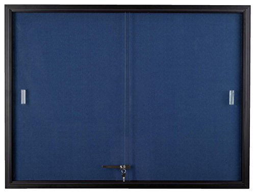 Locking Bulletin Board, 48 x 36 Inch, Blue Fabric, Sliding Glass Doors