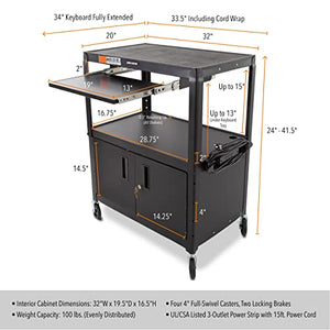 Stand Steady Line Leader Extra Wide AV Cart with Locking Cabinet, Rolling Computer Desk, Height Adjustable Utility Cart