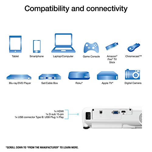 Epson EX3280 3-Chip 3LCD XGA Projector, 3,600 Lumens, HDMI, Built-in Speaker