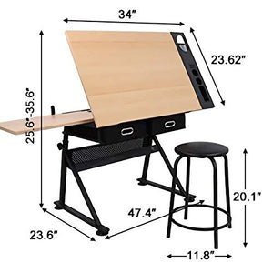 GXP Adjustable Drafting Drawing Table Craft Tiltable Tabletop with Stool & 2 Drawers