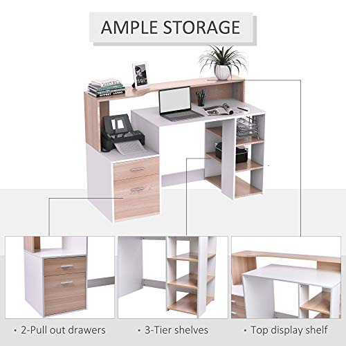 HOMCOM 54" Multi-Level Modern Design Home Office Desk with 3 Storage Shelves & 2 Pull-Out Drawers, Oak