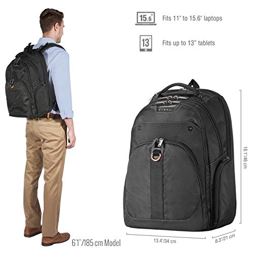 EVERKI Atlas Travel Friendly Laptop Backpack, 11-Inch to 15.6-Inch Adaptable Compartment (EKP121S15), Black