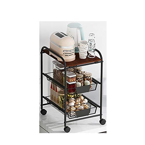 ZXCVASDF Rolling Storage Cart with Metal Drawer and Tabletop - Locking Wheels, 3-Tier