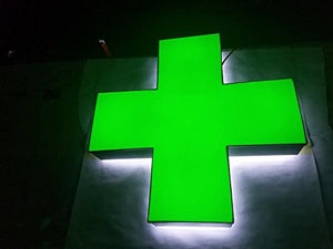 Green Medical Cross, Hybrid LED Lit with Halo Lighting, Outdoor/Indoor - Weather Resistant, Storefront Sign. Installation Template and Power Supply Included. (24 Inches)