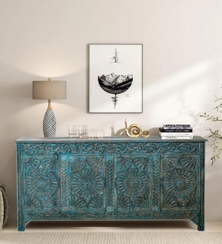 Mogul Interior Vintage Charm Teal Blue Carved Wood TV Credenza Cabinet