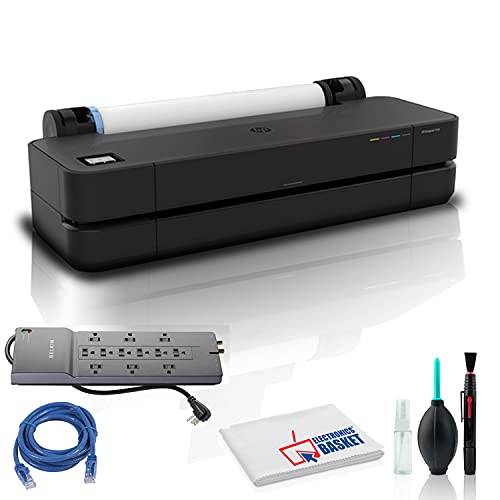 Hewlett Packard DesignJet T250 Large Format Compact Wireless Plotter Printer - 24", with Mobile Printing (5HB06A) + Surge Protector + Cable Ties + Ethernet Cable + Cleaning Kit