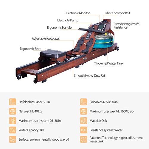Water Rowing Machine, TopMade Oak Wood Water Adjustable Resistance Rower for Home Gym Workout Foldable Indoor Exercise Water Row Machine Fitness Equipment Bluetooth LCD Monitor Wooden Rower Machine