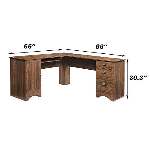 Thaweesuk Shop New Walnut Executive L Shaped Office Desk Furniture Corner Computer Shape Workstation Home Sturdy MDF Board with Glossy Veneer 66" L x 66" W x 30.3" H of Set