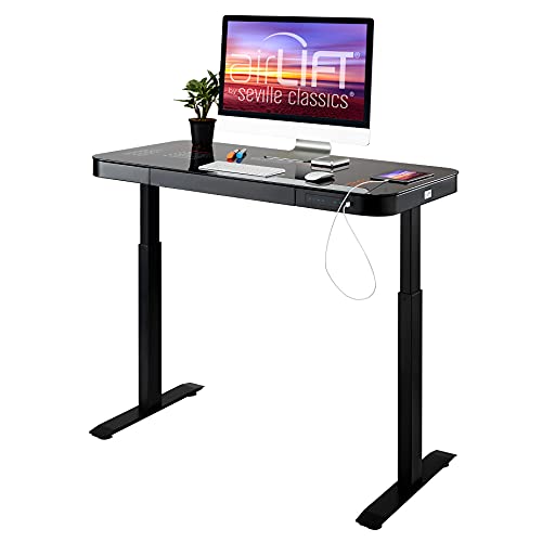Seville Classics airLIFT Computer Desk Table, 47" Height Adjustable, Tempered Black Glass