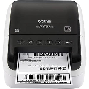 Brother QL-1110NWB Wide Format Postage and Barcode Professional Thermal Wireless Monochrome Label Printer, Black - Print via USB, Ethernet, and Bluetooth, 4" Wide, 300 x 300 dpi, 69 Labels Per Minute