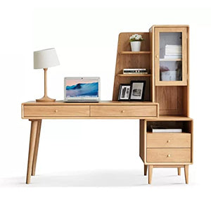None Modern Solid Wood Office Desk with Drawer, Cabinet, and Bookshelf