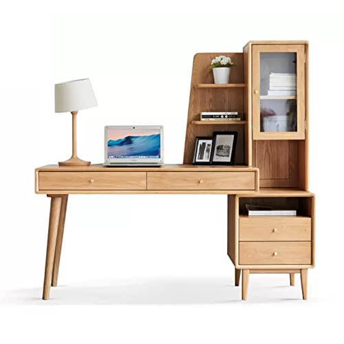 Modern Solid Wood Office Desk with Drawer, Cabinet, and Bookshelf