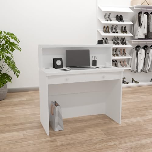 UGOS Modern White Reception Desk w/ Transaction Counter | Laminate Desktop | Multifunctional Standing Front Desk (47 inch)