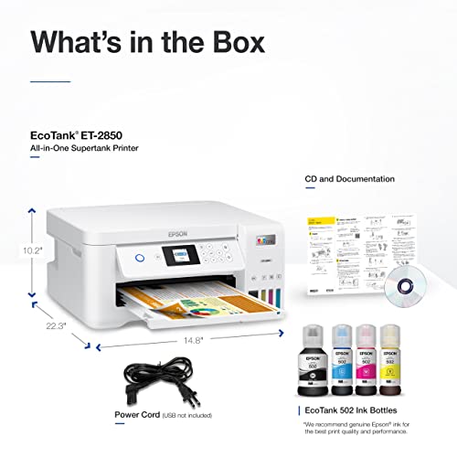 Epson EcoTank ET-2850 Wireless Color All-in-One Inkjet Printer - White - Print Scan Copy - 1.44" LCD Display, 10 ppm, 4800 x 1200 dpi
