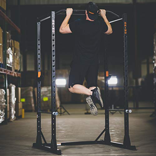 GRIND Fitness Alpha3000 Power Rack, Squat Rack with Barbell Holder, Silver Spotter Arm,2x2 Uprights, Textured Multi-Grip Pull Up Bar, Heavy Duty J-Cups (Alpha3000)