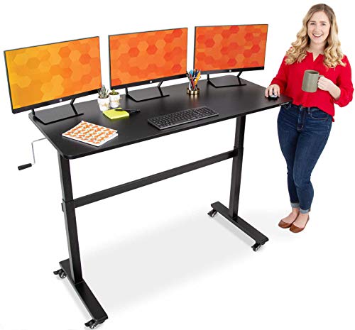 Stand Steady Tranzendesk | 55 Inch Standing Desk with Attachable Wheels| Easy Crank Height Adjustable Sit to Stand Workstation | Modern Ergonomic Desk Supports 3 Monitors (55 / Black)