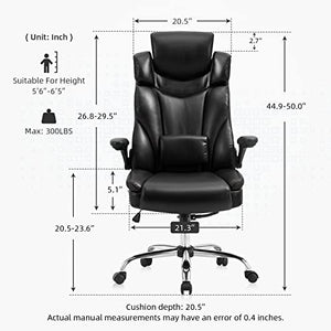 YAMASORO High Back Ergonomic Executive Office Chair - Black Leather with Wheels, Flip-up Arms, Adjustable Headrest, Tilt, and Lumbar Support